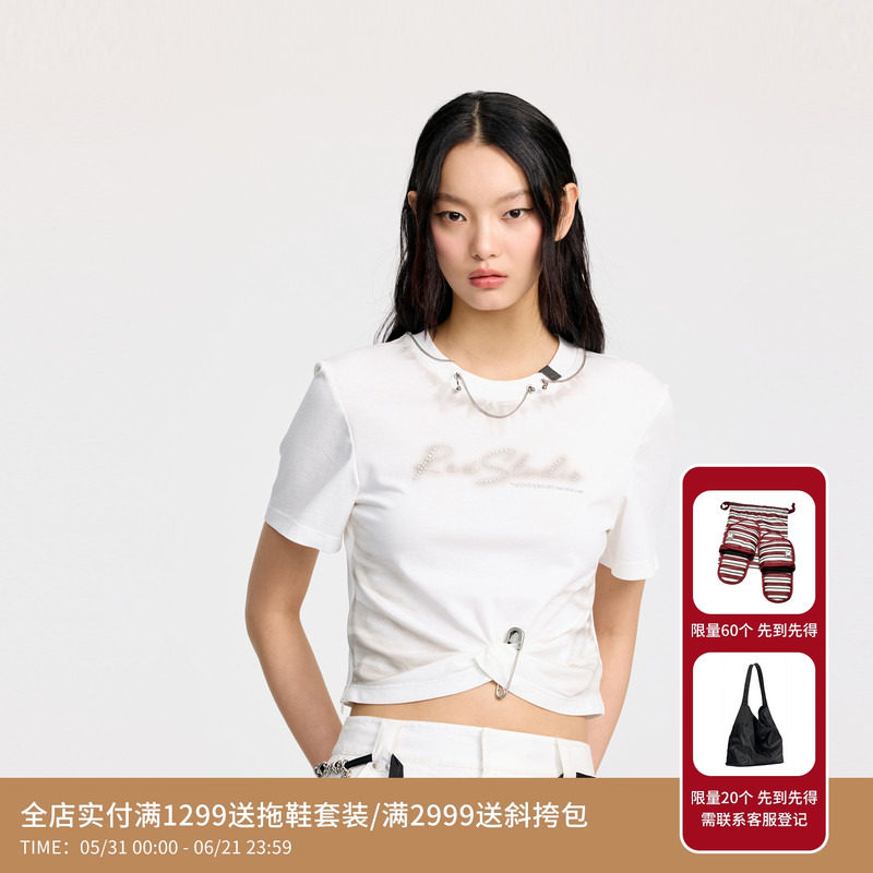 REVAN芮范设计师款牛仔感图案纽结白色T恤RL31001060