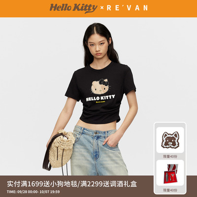 REVAN芮范黑皮HelloKitty假日下摆弧形腰间抽褶黑色T恤RK31001037