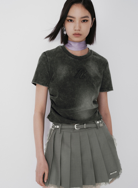 REVAN芮范设计师款美式微收褶深灰色T恤RM71001003