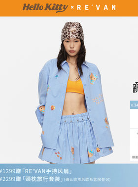REVAN芮范黑皮HelloKitty率性俏皮感蓝格子宽松衬衫RK30902216