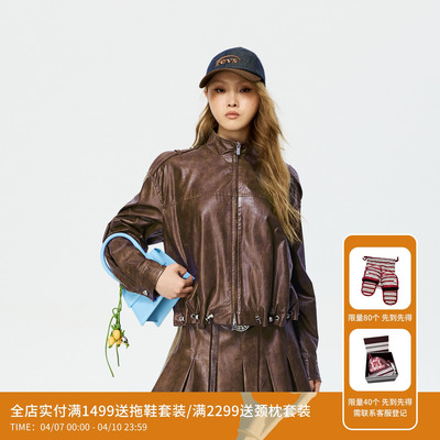 【关晓彤同款】REVAN芮范空气感格子内衬PU皮衣短外套RK10105341