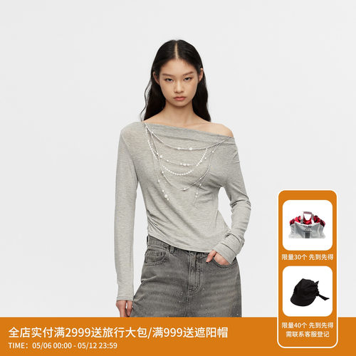 REVAN芮范设计师款辣妹风一字肩珍珠链印花长袖T恤RAS1302018