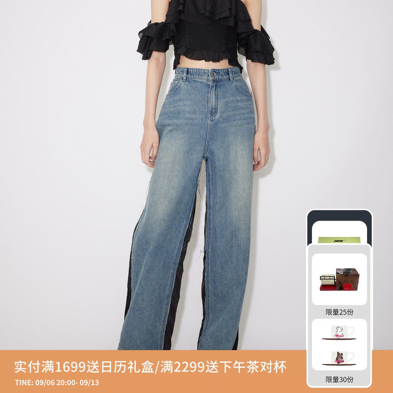 REVAN芮范设计师款复古缎面拼接牛仔裤RM31302175图片