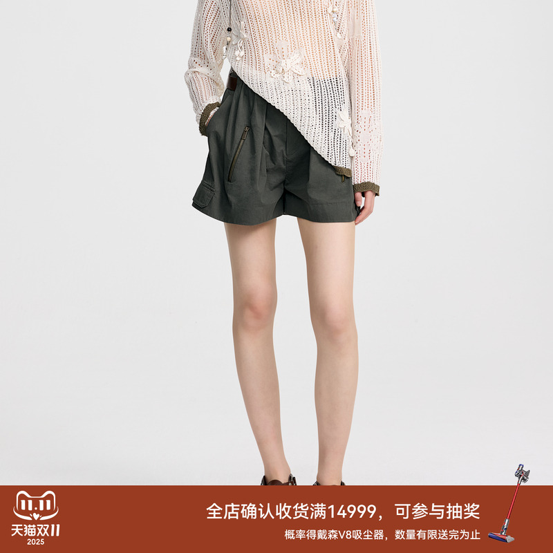 REVAN芮范2025夏季新品设计师款质感做旧拉链绿色短裤RL31306189