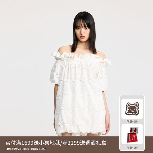 REVAN芮范设计师款花边领一字肩连衣裙RL31101156