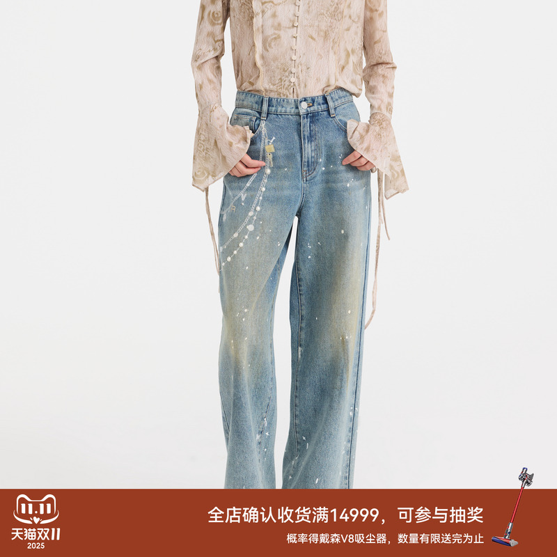 【乔欣同款】REVAN芮范2025春季新品感链条印花牛仔裤RL11302078