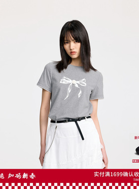 REVAN芮范设计师款少女感蝴蝶结花灰色T恤RL31001064