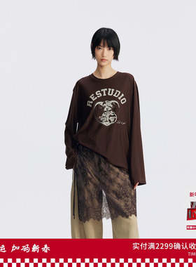 REVAN芮范宠物印花蕾丝下摆打底长袖T恤RL70802040