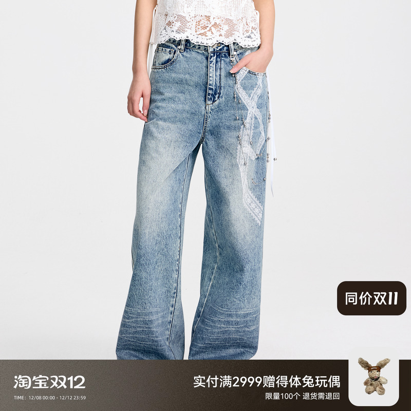 REVAN芮范设计师款质感蕾丝蝴蝶结牛仔裤RL31302015