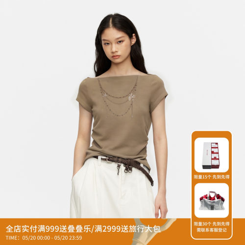 REVAN芮范设计师款松弛感珍珠链印花卡其短袖T恤RK31001549