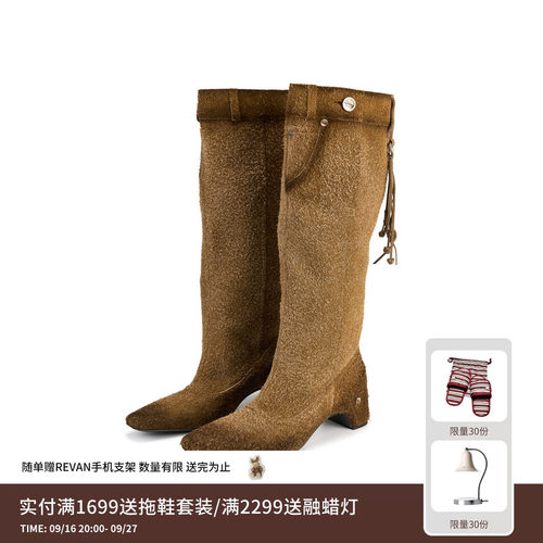 REVAN芮范设计师款复古西部风牛反绒高筒骑士靴RK9P010609