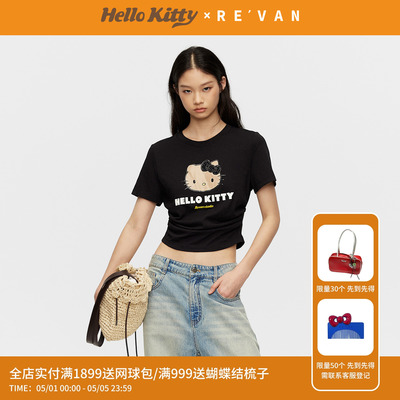 REVAN芮范黑皮HelloKitty假日下摆弧形腰间抽褶黑色T恤RK31001037