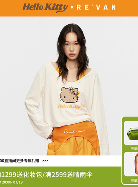 REVAN芮范黑皮HelloKitty印花撞色真两件挂脖长袖T恤RK31001399