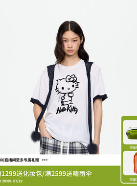 REVAN芮范HelloKitty藏青毛球披肩不规则卷边白色T恤RK71001064