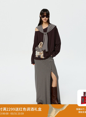 REVAN芮范设计师款俏皮狗狗印花露肩条纹披肩半裙套装RK12404307