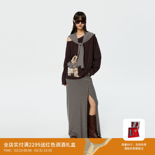 REVAN芮范设计师款 RK12404307 俏皮狗狗印花露肩条纹披肩半裙套装