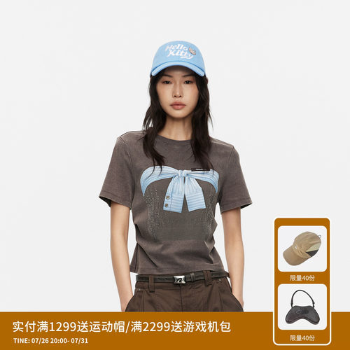 【柯颖同款】REVAN芮范俏皮感假两件系带蝴蝶结图案T恤RK31001044
