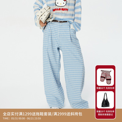 REVAN芮范设计师款复古文艺感蓝白格纹印花牛仔裤RK11302196