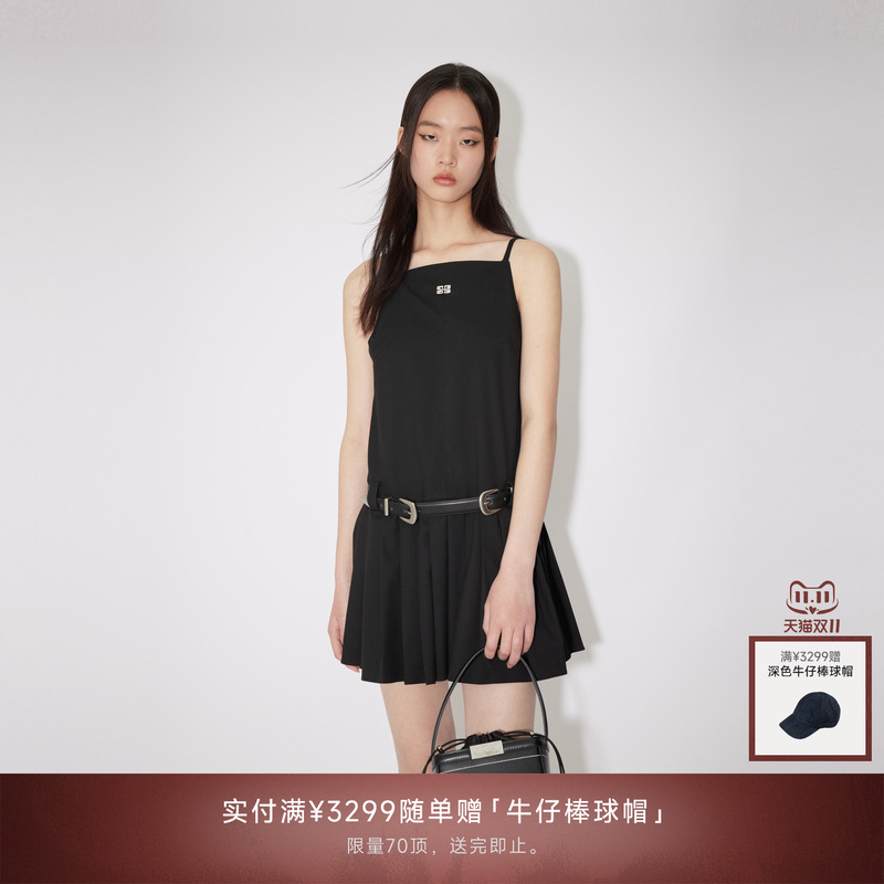 REVAN芮范2024夏季新品设计师款酷感百褶吊带连衣裙RM31101207