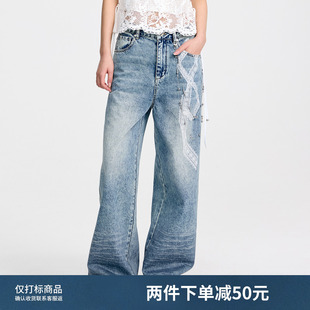 RL31302015 REVAN芮范2025夏季 新品 设计师款 质感蕾丝蝴蝶结牛仔裤