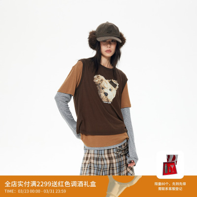 REVAN芮范设计师款叠层撞色小熊印花T恤RL91001047