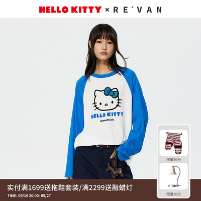 REVAN芮范HelloKitty印花蓝白撞色插肩长袖T恤RK11001524