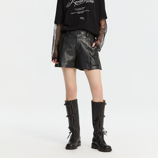 REVAN芮范设计师款 RM91306123 酷感皮革高腰百褶裙裤