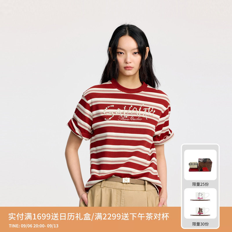 REVAN芮范设计师款珍珠钉珠红色条纹T恤RL31001389图片