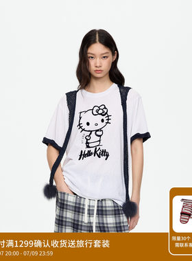 REVAN芮范HelloKitty藏青毛球披肩不规则卷边白色T恤RK71001064
