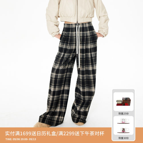 REVAN芮范设计师款松弛感垂坠直筒格纹裤RL91301455