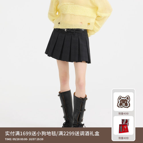 REVAN芮范设计师款灰色格纹西装百褶半裙RL11501154
