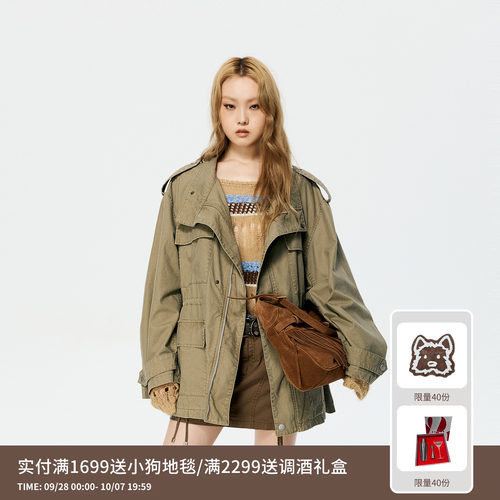 REVAN芮范设计师款卡其绿工装口袋抽绳猎装夹克外套RK10110230