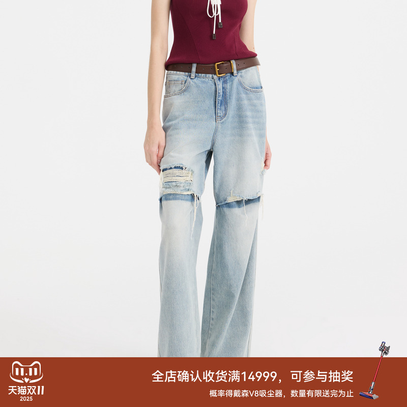 REVAN芮范2025春季新品设计师款宽松搭片破洞牛仔裤RL11302066