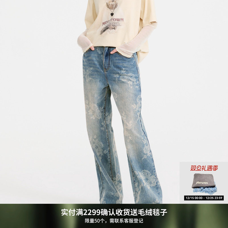 REVAN芮范设计师款松弛感花朵图案牛仔裤RL11302002