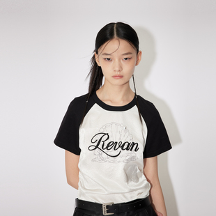优雅缎面拼接撞色T恤RM30801103 REVAN芮范设计师款