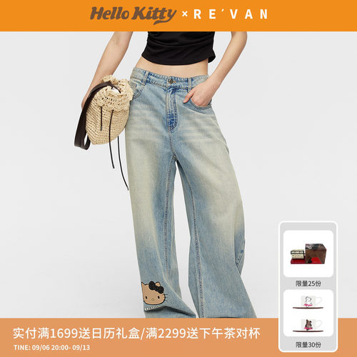 REVAN芮范黑胶唱片黑皮HelloKitty弯刀牛仔裤RK31302027