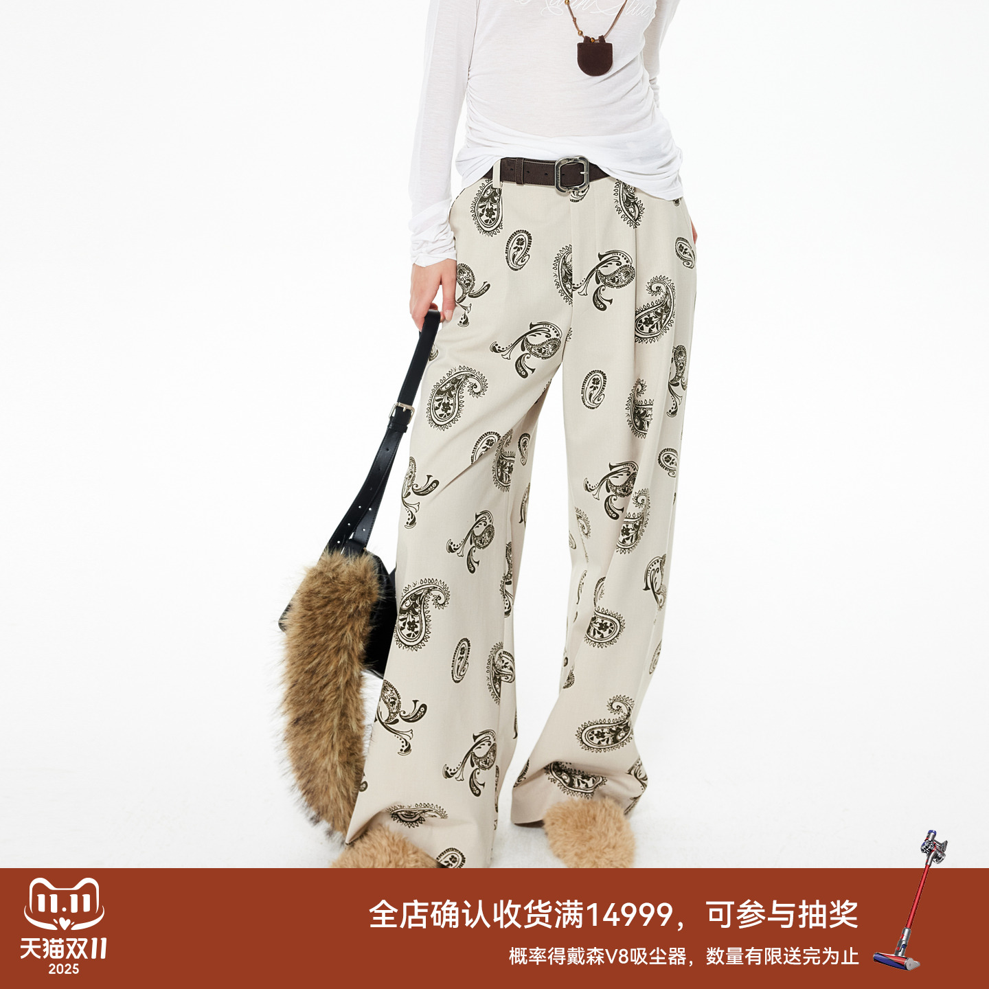 REVAN芮范2025冬季新品设计师款波嬉风腰果印花休闲裤RL91301195