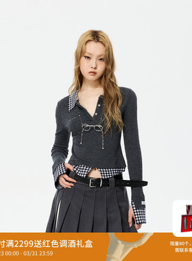【朴池原同款】REVAN芮范质感眼镜链条格纹拼接毛衫RK10601427