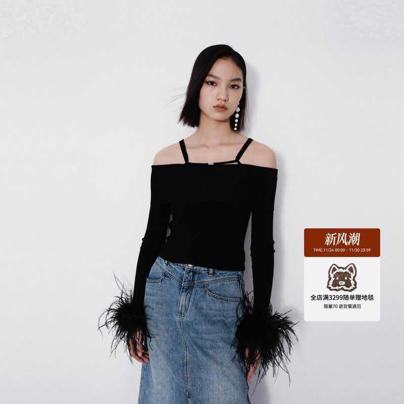 REVAN芮范2024秋季新品设计师款黑色一字翻领毛织上衣RM70601172