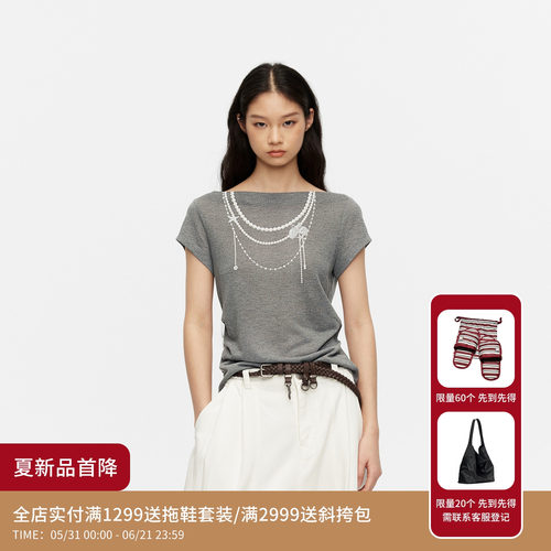 REVAN芮范设计师款松弛感珍珠链印花灰调短袖T恤RK31001455