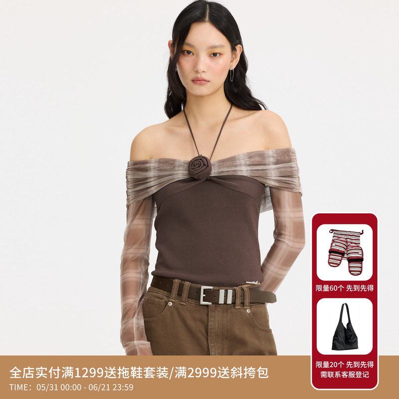 REVAN芮范设计师款玫瑰花格纹一字肩单衣RL10801047