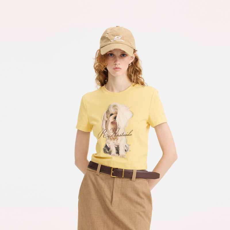 REVAN芮范设计师款小狗印花嫩黄色针织T恤RL11001018