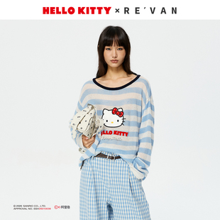 REVAN芮范HelloKitty植绒印花垂坠感蓝白条纹毛衫 RK10601330