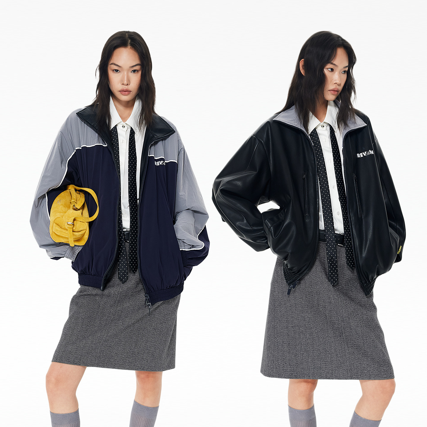 REVAN芮范设计师款运动感双面穿PU皮外套RL90105325