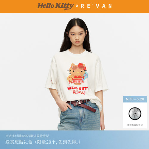 REVAN芮范黑皮HelloKitty夏日慵懒宽松闪粉胶印T恤RK31001215