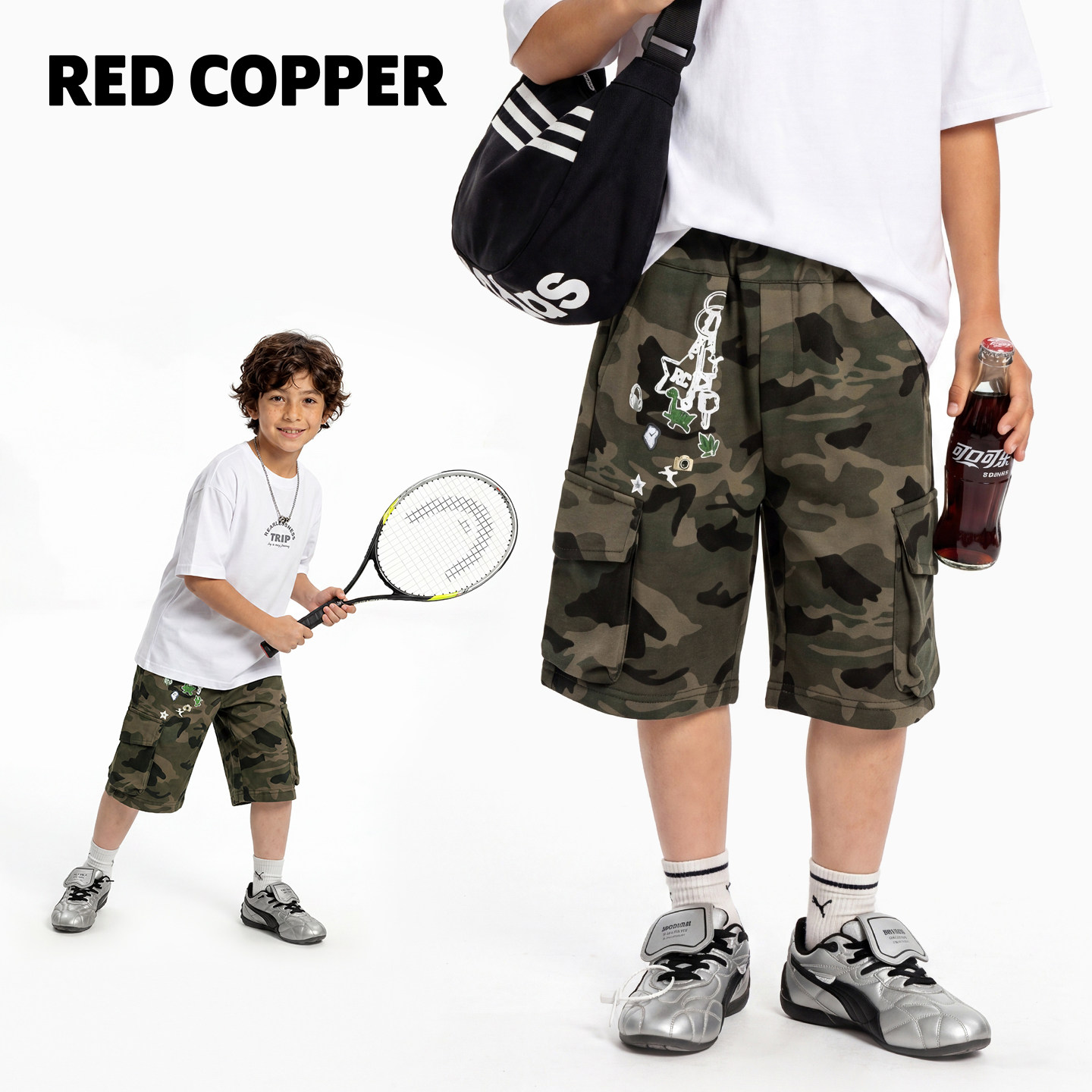 redcopper童装男童2026夏季新款裤子儿童迷彩裤七分裤工装短裤潮