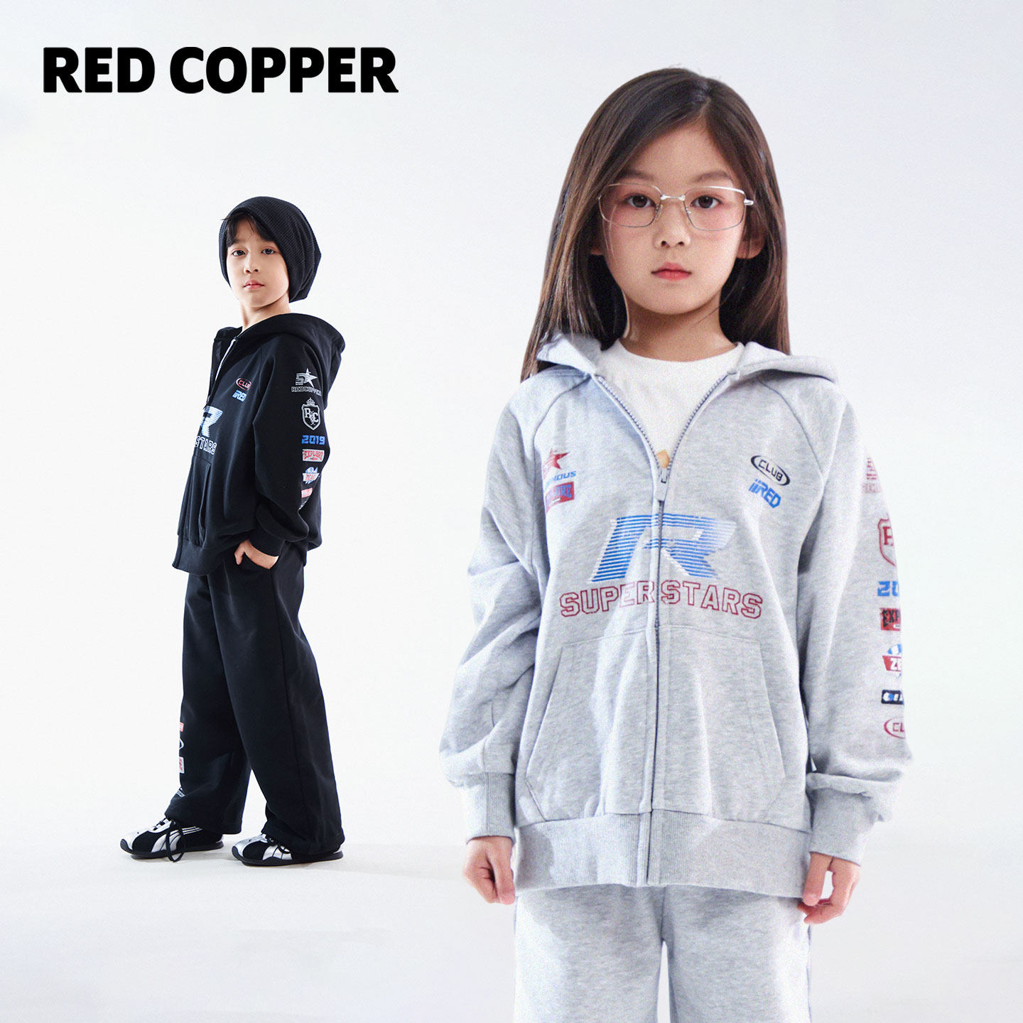 redcopper2026早春新款男女童美式复古字母装饰连帽卫衣卫裤套装