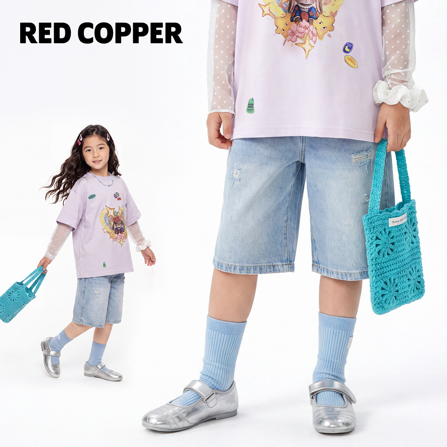 redcopper童装男女童2026夏季新款破洞设计牛仔裤儿童松紧腰短裤