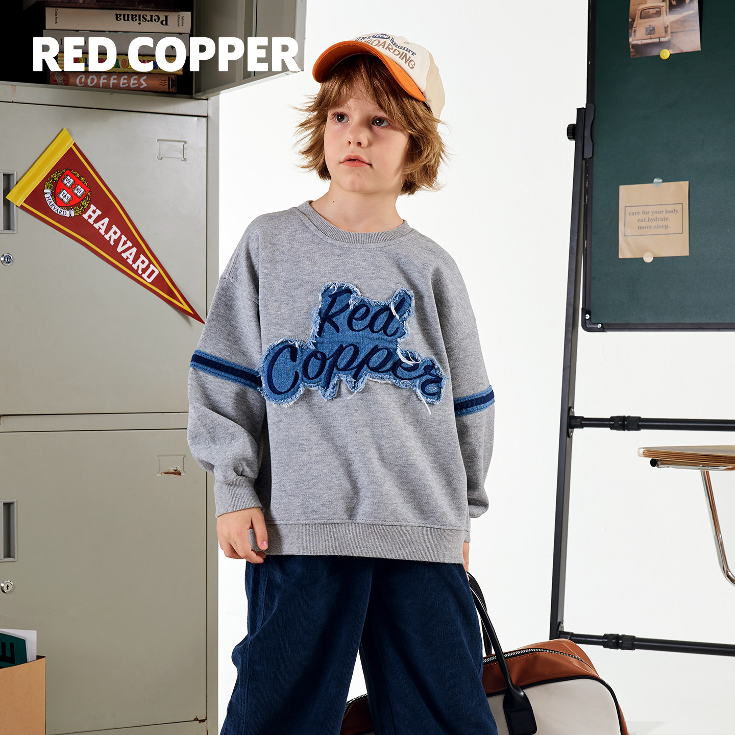 redcopper童装男童2025新款秋冬季上衣儿童美式贴布个性圆领卫衣