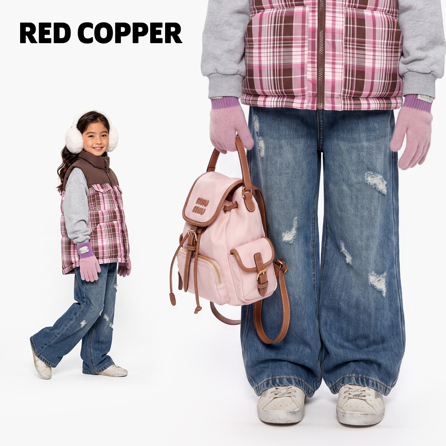 redcopper童装男童女童2026冬季新款加绒加厚裤子儿童破洞牛仔裤